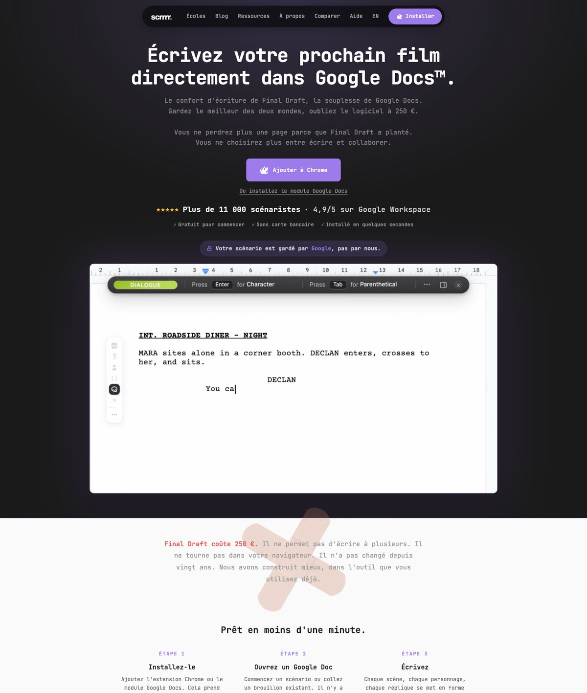Site de Screenplay Editor, logiciel d'écriture de scénarios